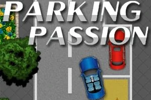 Mașină albastră și una roșie parcate pe o stradă cu textul Parking Passion deasupra