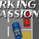 Mașină albastră și una roșie parcate pe o stradă cu textul Parking Passion deasupra