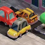 Trei mașini stilizate, inclusiv un taxi galben, sunt parcate într-un colț de stradă lângă un copac, o bancă și o clădire roz