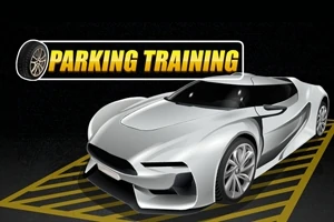 Mașină sport albă parcată pe un loc delimitat de dungi galbene și albastre, cu textul PARKING TRAINING deasupra