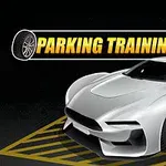 Mașină sport albă parcată pe un loc delimitat de dungi galbene și albastre, cu textul PARKING TRAINING deasupra