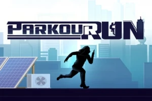 Siluetă de persoană alergând pe un acoperiș, cu fundal urban și logo Parkour Run deasupra