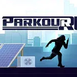 Siluetă de persoană alergând pe un acoperiș, cu fundal urban și logo Parkour Run deasupra