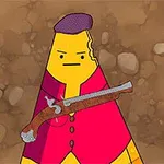 Personaj de desen animat colorat, în formă geometrică, ținând o armă veche pe un fundal maroniu cu pietre
