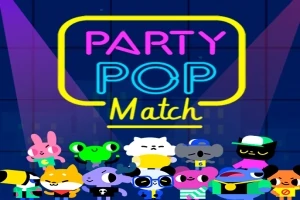 Personaje animate colorate stând sub un semn neon cu textul Party Pop Match