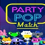 Personaje animate colorate stând sub un semn neon cu textul Party Pop Match