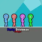 Patru personaje stickman colorate (albastru, roșu, mov și verde) stau aliniate pe un fundal geometric albastru deschis, cu textul Party Stickman 4 Player în partea de jos