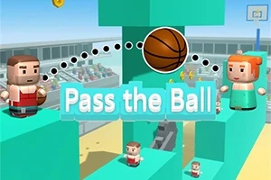 Două personaje în stil cubist, un bărbat și o femeie, sunt pe o platformă colorată, iar între ei se află o minge de baschet cu textul Pass the Ball