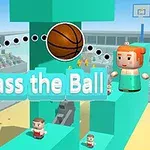 Două personaje în stil cubist, un bărbat și o femeie, sunt pe o platformă colorată, iar între ei se află o minge de baschet cu textul Pass the Ball