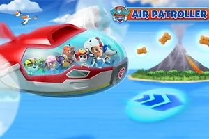 O aeronavă roșie și albă cu ferestre transparente, în care se află mai multe personaje animate, zboară deasupra unui vulcan și a unui ocean albastru, având în fundal câini zburători și biscuți plutind în aer