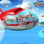 O aeronavă roșie și albă cu ferestre transparente, în care se află mai multe personaje animate, zboară deasupra unui vulcan și a unui ocean albastru, având în fundal câini zburători și biscuți plutind în aer