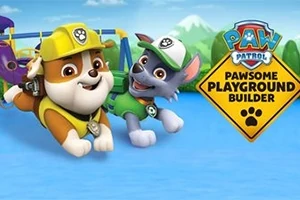 Două personaje animate câini purtând echipament de constructor, cu un semn galben de avertizare