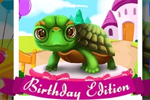 Broască țestoasă verde cu ochi mari pe o platformă decorativă într-un peisaj colorat cu un castel în fundal și textul Birthday Edition