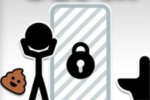 Un desen stilizat cu o siluetă de om negru, o ușă cu un lacăt și o toaletă, alături de un emoticon maro în formă de fecale