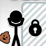 Un desen stilizat cu o siluetă de om negru, o ușă cu un lacăt și o toaletă, alături de un emoticon maro în formă de fecale