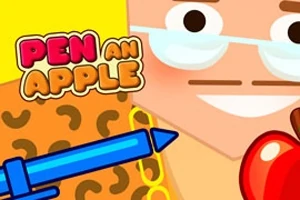 Personaj stilizat cu ochelari, ținând un măr roșu și un stilou albastru, pe fundal galben, cu text colorat Pen an Apple