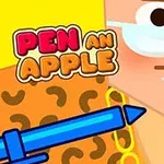 Personaj stilizat cu ochelari, ținând un măr roșu și un stilou albastru, pe fundal galben, cu text colorat Pen an Apple