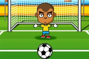 Personaj animat în echipament sportiv, stând în fața unei porți de fotbal, cu o minge pe teren în prim-plan