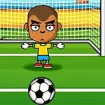 Personaj animat în echipament sportiv, stând în fața unei porți de fotbal, cu o minge pe teren în prim-plan