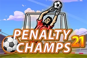 Un portar plonjând pentru a prinde o minge de fotbal, cu un stadion pe fundal și textul PENALTY CHAMPS 21 în prim-plan