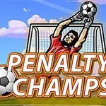 Un portar plonjând pentru a prinde o minge de fotbal, cu un stadion pe fundal și textul PENALTY CHAMPS 21 în prim-plan