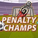 Un portar în echipament roșu apără o minge de fotbal în fața porții pe un stadion, cu textul Penalty Champs 22 în prim-plan