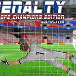 Un jucător de fotbal în alb șutează o minge spre poartă în timp ce un portar în gri încearcă să apere, pe un stadion plin