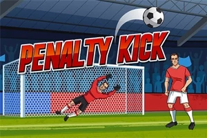 Un portar plonjează spre minge în fața unei porți pe un teren de fotbal, cu un jucător în roșu alături, sub titlul Penalty Kick