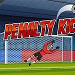 Un portar plonjează spre minge în fața unei porți pe un teren de fotbal, cu un jucător în roșu alături, sub titlul Penalty Kick