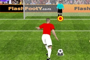 Un jucător de fotbal în tricou roșu se pregătește să execute un penalty, cu un portar în tricou albastru în fața porții