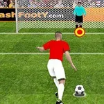 Un jucător de fotbal în tricou roșu se pregătește să execute un penalty, cu un portar în tricou albastru în fața porții