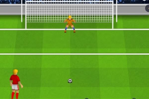 Un jucător de fotbal în roșu se pregătește să execute un penalty în fața unui portar în galben, pe un teren verde de fotbal