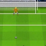 Un jucător de fotbal în roșu se pregătește să execute un penalty în fața unui portar în galben, pe un teren verde de fotbal
