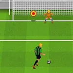 Un fotbalist în echipament verde-negru se pregătește să șuteze o minge către un portar aflat în fața porții