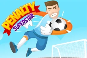 Un portar desenat prinde o minge de fotbal în fața unei porți, pe un fundal albastru, cu un titlu colorat în partea stângă sus