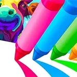 Creioane colorate în roz, albastru, verde și portocaliu desenând linii pe hârtie, cu un cap de vacă stilizat în fundal