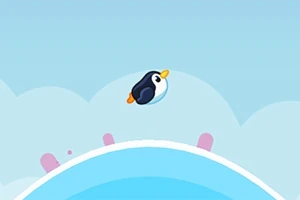 Un pinguin zburător mic pe un fundal de cer albastru cu nori stilizați și un arc albastru dedesubt
