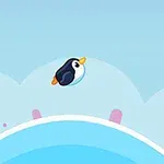 Un pinguin zburător mic pe un fundal de cer albastru cu nori stilizați și un arc albastru dedesubt