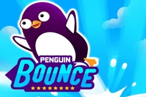 Pinguin animat sărind pe cer albastru, cu textul Penguin Bounce în prim-plan