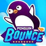 Pinguin animat sărind pe cer albastru, cu textul Penguin Bounce în prim-plan