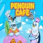 Pinguini și un urs polar în interiorul unui iglu cu semnul „Penguin Cafe” pe fundal