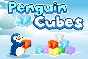 Un pinguin drăguț ține un cub de gheață portocaliu lângă o mulțime de cuburi colorate, pe un fundal albastru cu zăpadă
