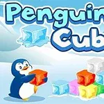Un pinguin drăguț ține un cub de gheață portocaliu lângă o mulțime de cuburi colorate, pe un fundal albastru cu zăpadă