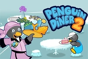 Pinguin îmbrăcat ca ospătar, ținând un platou cu mâncare, alături de un alt pinguin care mănâncă prăjitură, pe un fundal înghețat cu mese de gheață