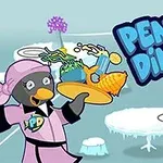 Pinguin îmbrăcat ca ospătar, ținând un platou cu mâncare, alături de un alt pinguin care mănâncă prăjitură, pe un fundal înghețat cu mese de gheață