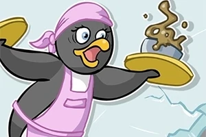 Pinguin îmbrăcat în șorț roz, ținând două tăvi galbene, cu un desert pe un fundal albăstrui
