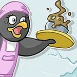 Pinguin îmbrăcat în șorț roz, ținând două tăvi galbene, cu un desert pe un fundal albăstrui