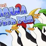 Desen animat cu pinguini purtând căciuli colorate și text stilizat