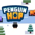 Un pinguin pixelat pe un drum cu două camioane colorate, înconjurat de copaci acoperiți de zăpadă, cu titlul Penguin Hop deasupra