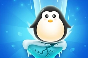 Un pinguin desenat stă pe un bloc de gheață crăpat, având un fundal albastru luminos